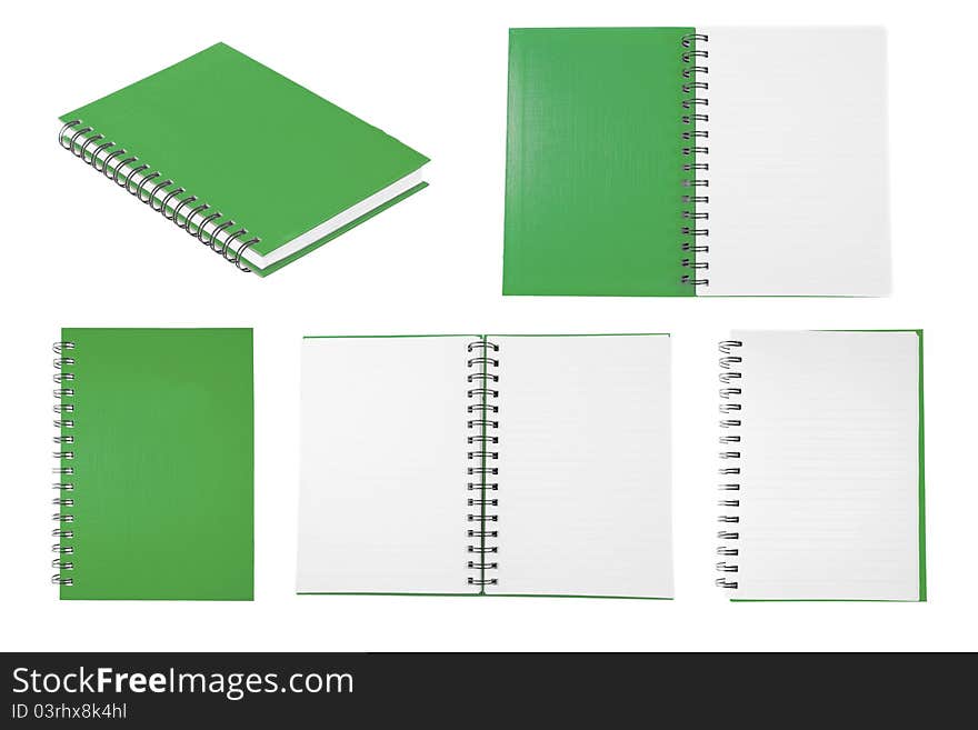 Green notebook collection isolated on white background