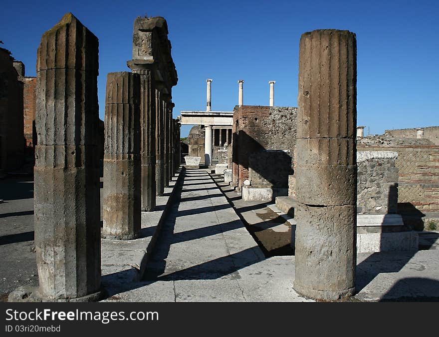 Ruins at Pompeii, Italy, Europe. The city was destroyed by the eruption of the vulcano Vesuvius.