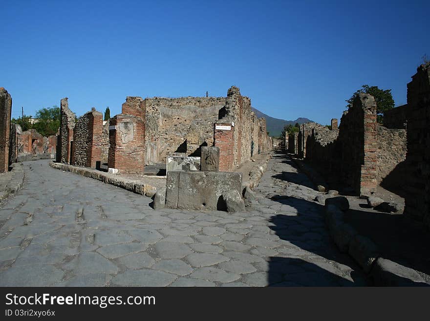 Ruins at Pompeii, Italy, Europe. The city was destroyed by the eruption of the vulcano Vesuvius.