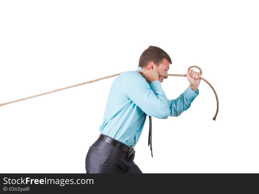 Businessman pulling a rope isolated on white. Businessman pulling a rope isolated on white