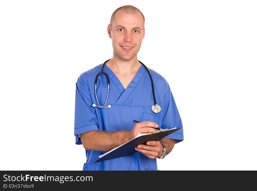 Portrait of a happy doctor on white. Portrait of a happy doctor on white