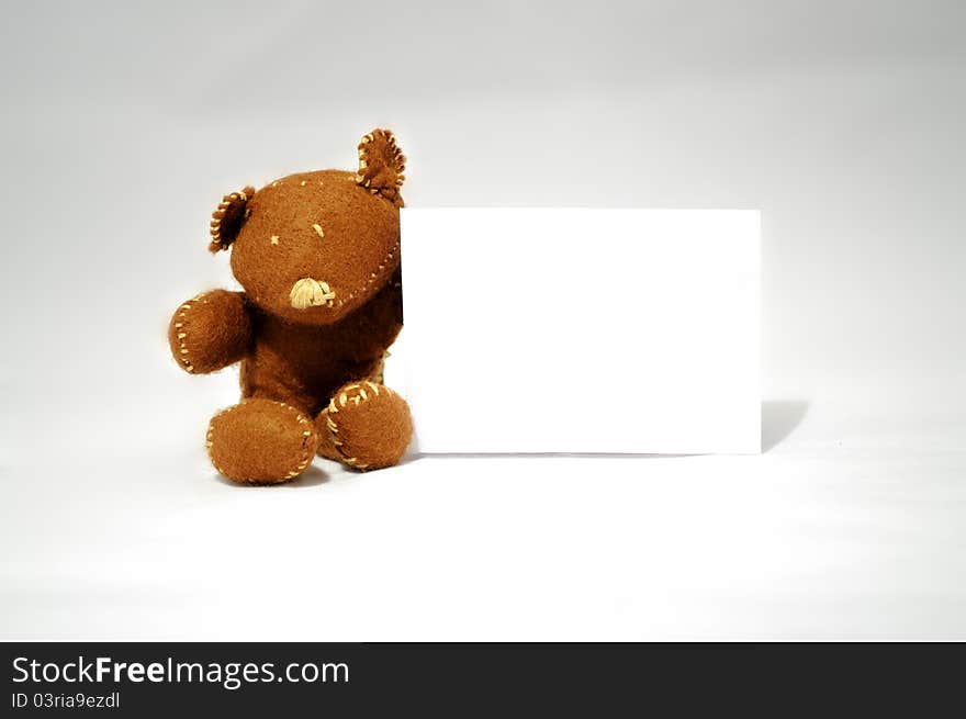 Brown teddy holding white card in white background. Brown teddy holding white card in white background