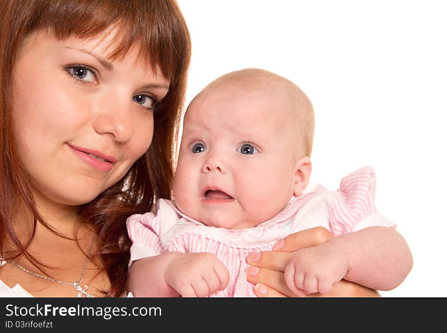 Cute mom with her baby posing on white. Cute mom with her baby posing on white