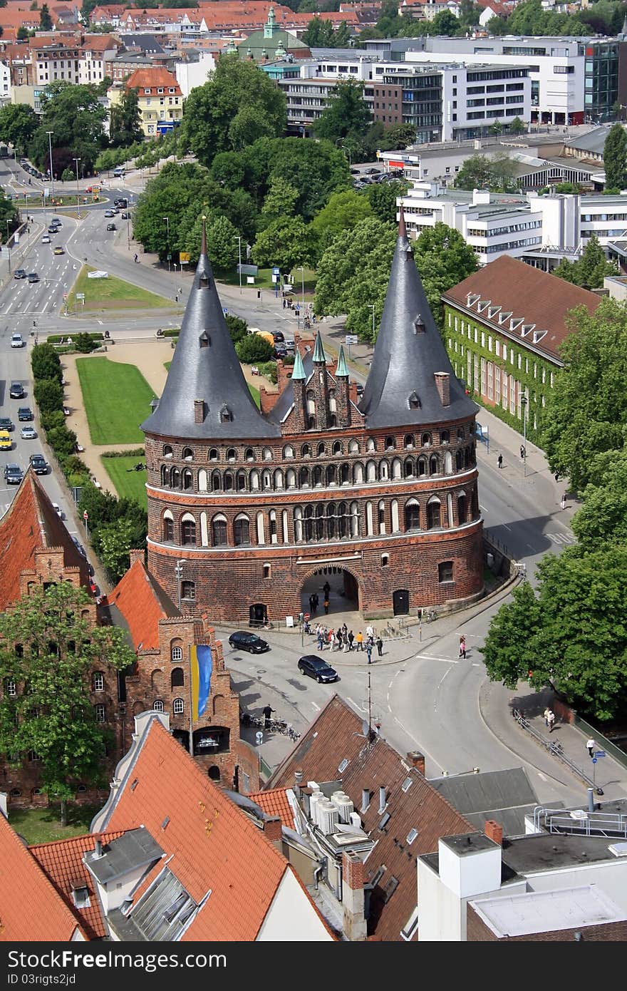 The Holsten Gate in Luebeck. View from above.