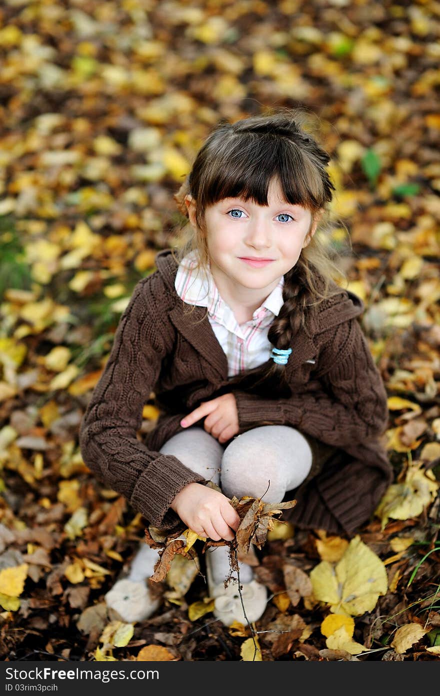 Portrait of adorable little girl sitting on a carpet of colorful leaves in autumn forest. Portrait of adorable little girl sitting on a carpet of colorful leaves in autumn forest