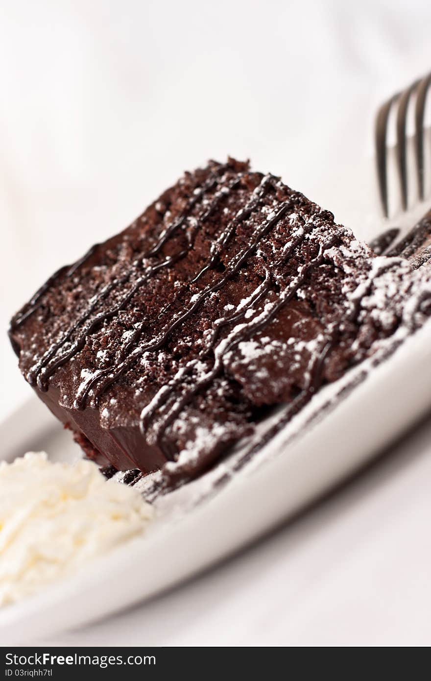 Slice of chocolate cake dessert on a white plate