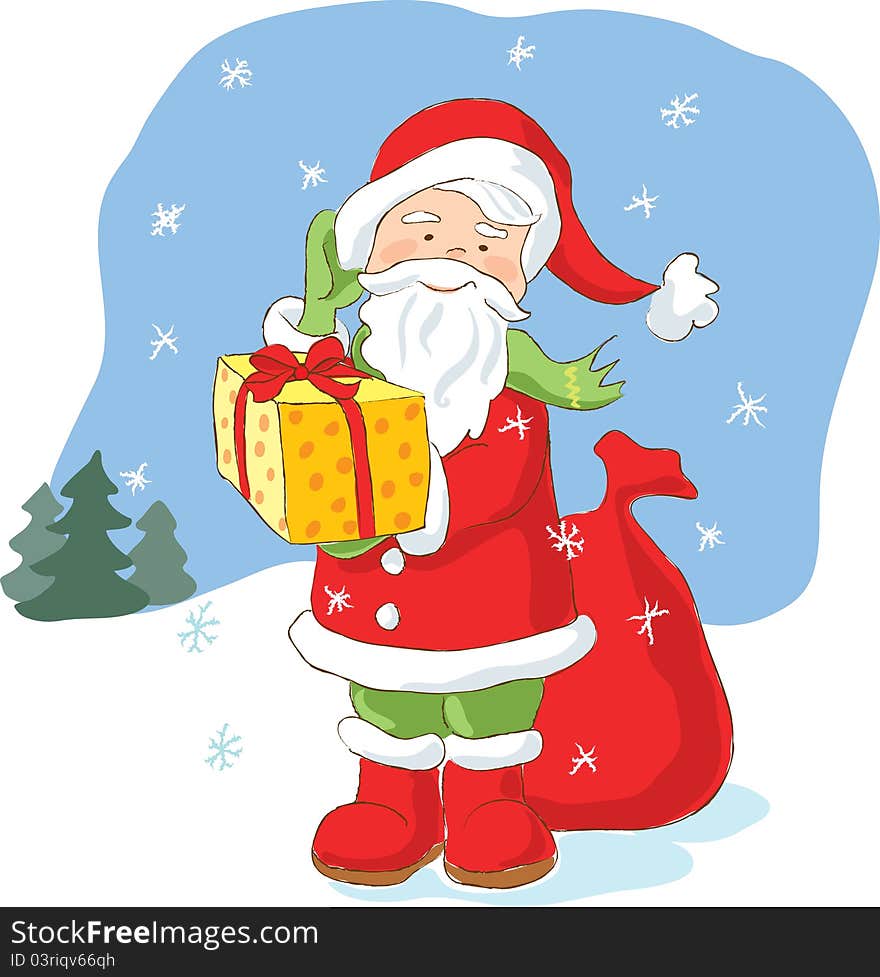 Santa Claus holding present, hand drawn, artistic vector illustration. Santa Claus holding present, hand drawn, artistic vector illustration