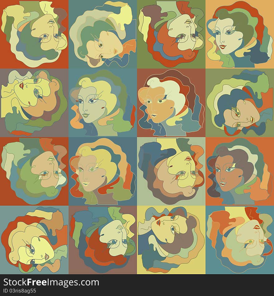 Woman Face - Retro Style, Seamless Pattern. EPS 8