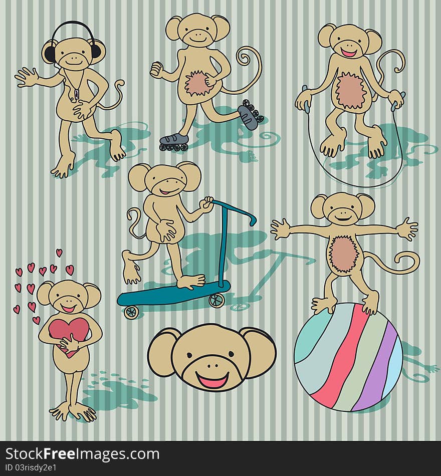 Nice vintage vector monkey set. And also includes EPS 8 vector. Nice vintage vector monkey set. And also includes EPS 8 vector