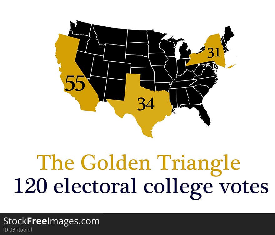 Educational map highlights the three highest electoral college states. NOTE: that this vote count is now out of date relative to Texas and New York. Educational map highlights the three highest electoral college states. NOTE: that this vote count is now out of date relative to Texas and New York.