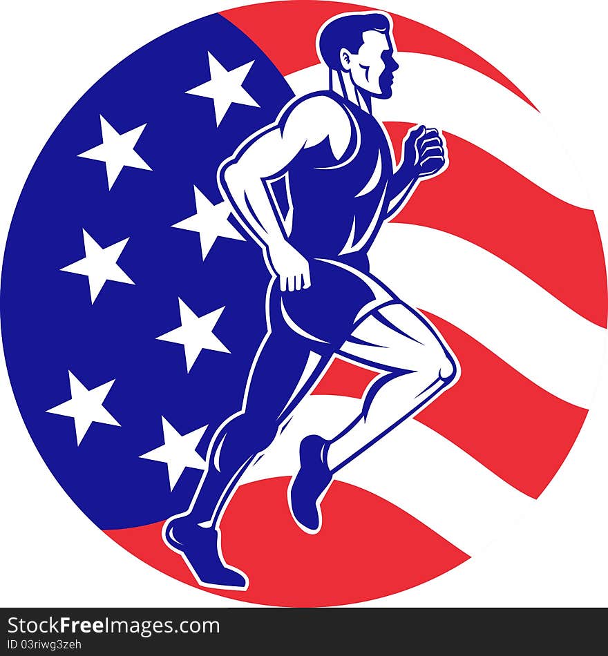 Illustration of a illustration of a male Marathon road runner jogger fitness training road running with American flag stars and stripes in background inside circle. Illustration of a illustration of a male Marathon road runner jogger fitness training road running with American flag stars and stripes in background inside circle