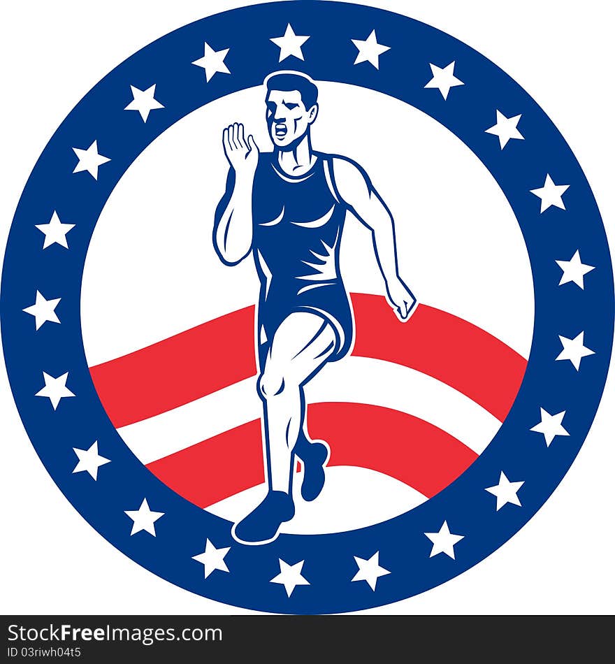 Illustration of a illustration of a Marathon road runner jogger fitness training road running with American stars and stripes in background inside circle. Illustration of a illustration of a Marathon road runner jogger fitness training road running with American stars and stripes in background inside circle