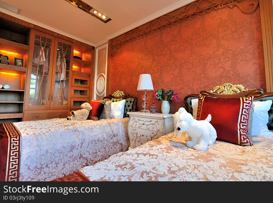 Bedroom for children in luxury and noble style, with featured decoration and fine closet furniture, shown as luxury, classical, and comfortable living environment. Bedroom for children in luxury and noble style, with featured decoration and fine closet furniture, shown as luxury, classical, and comfortable living environment.