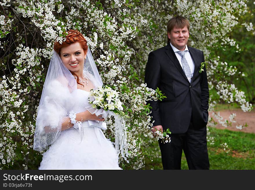 Happy Bride And Groom In Cherry Garden