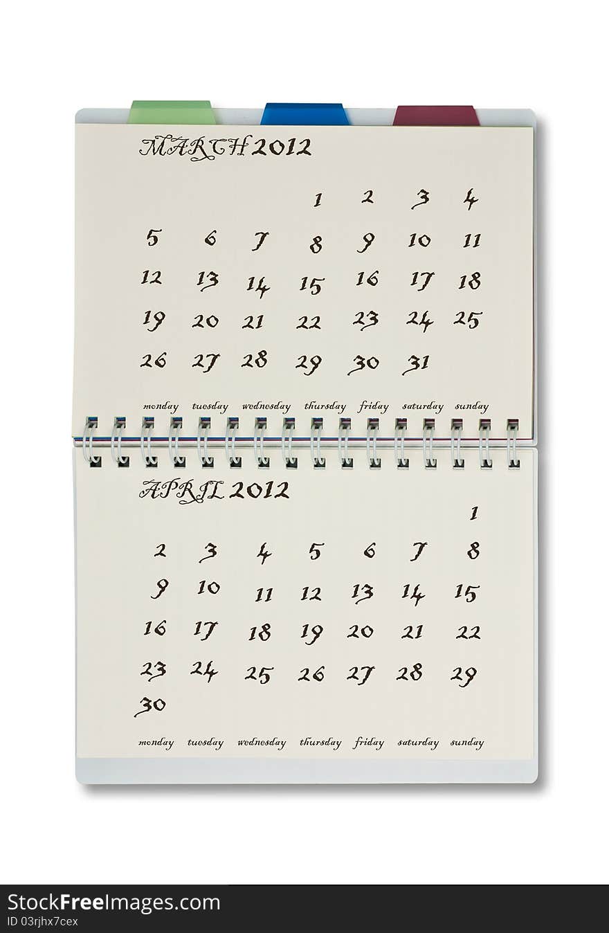 The 2012 calendar on notepad with white background.