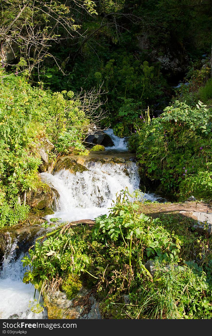 Beautiful green forest and blue waterfall in the Almaty, Kazakhstan. Beautiful green forest and blue waterfall in the Almaty, Kazakhstan