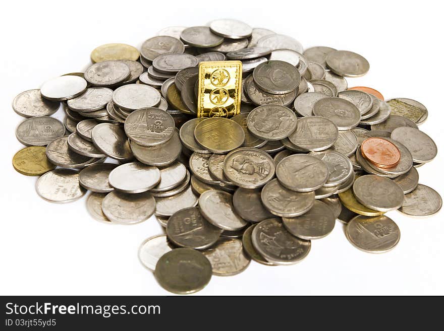 Gold bars on coins stacks on white background