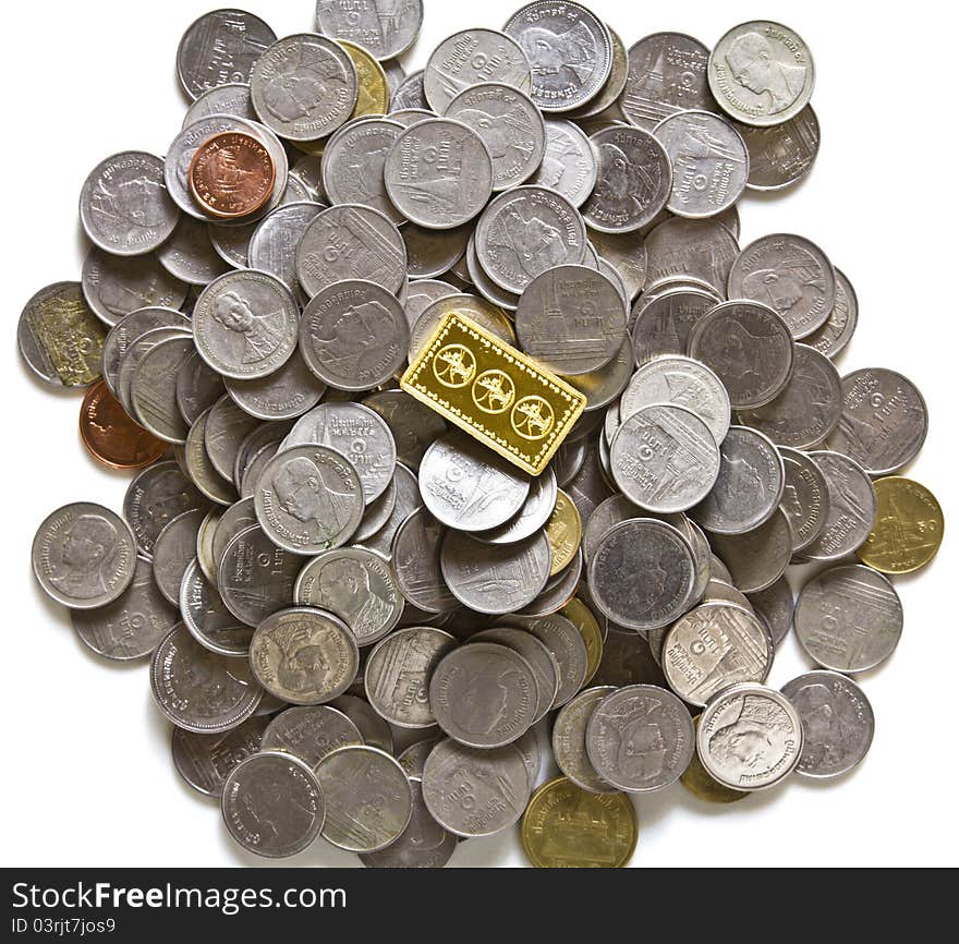 Gold bars on coins stacks on white background