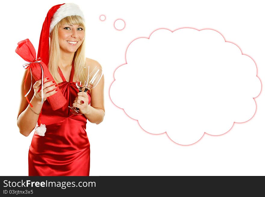 Beautiful woman in a red dress and a Christmas hat in his hands and two glasses of boxed wine/ champagne bottle. Isolate. Beautiful woman in a red dress and a Christmas hat in his hands and two glasses of boxed wine/ champagne bottle. Isolate