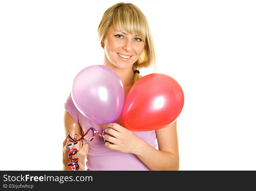 Close-up of a beautiful young woman with colorful balloons balloons. Isolated on a white background. Close-up of a beautiful young woman with colorful balloons balloons. Isolated on a white background