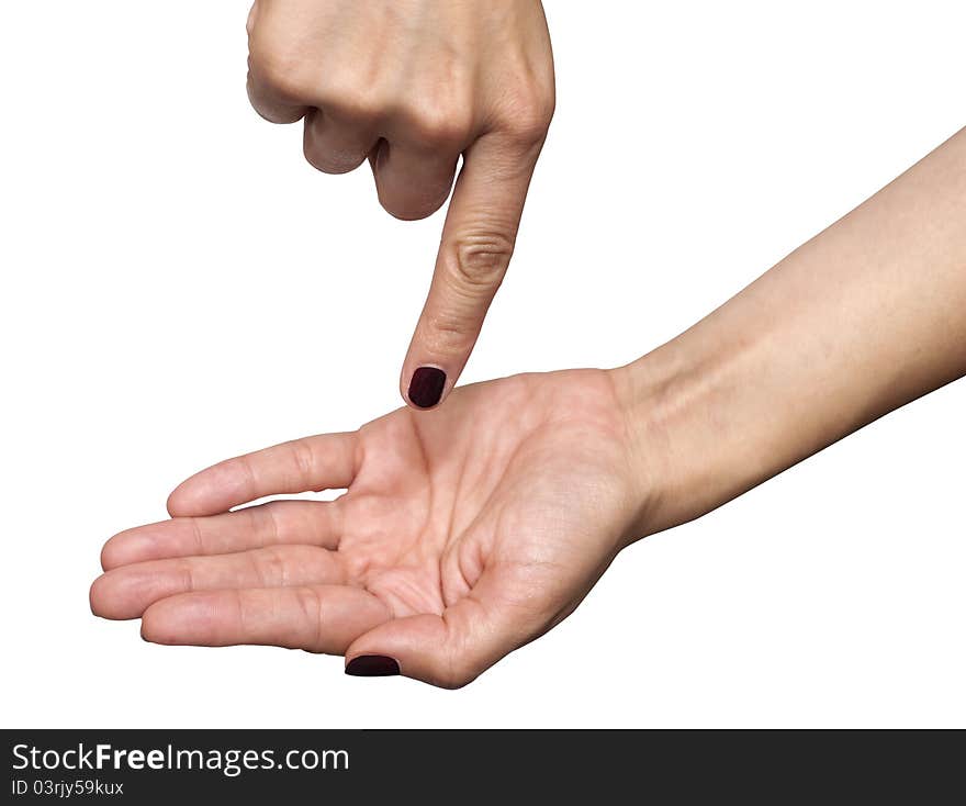 Put it in my hand gesture. Female hands isolated on white