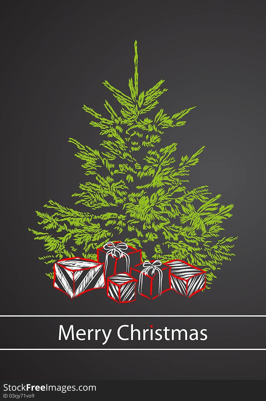 Vector postcard with christmas tree on black background