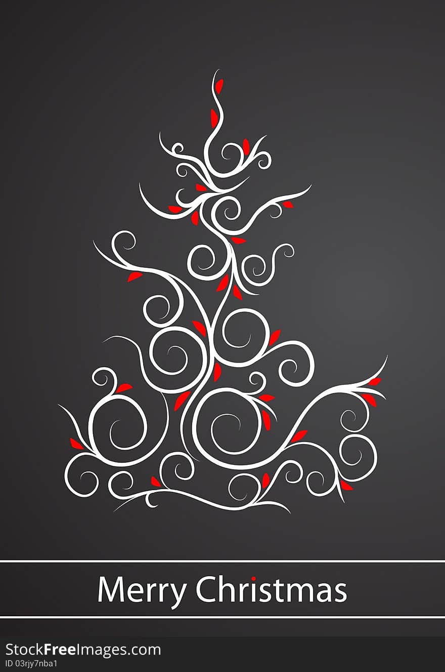 Vector postcard with christmas tree on black background