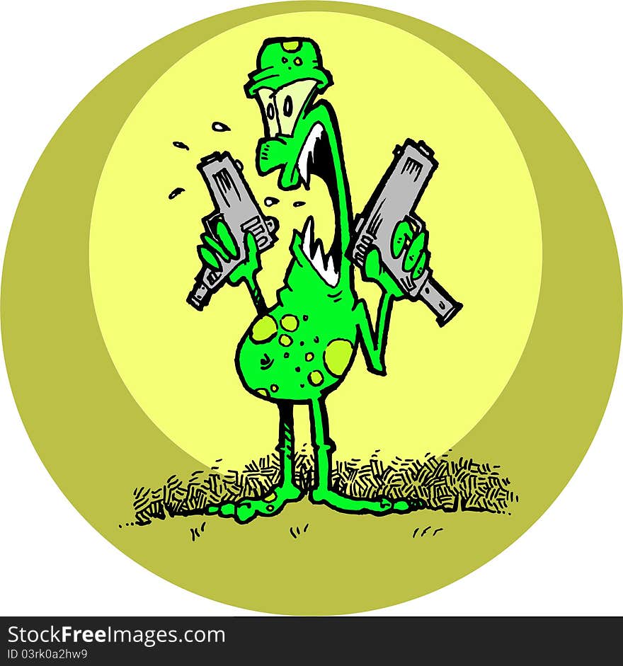 A green monster using two guns. A green monster using two guns.