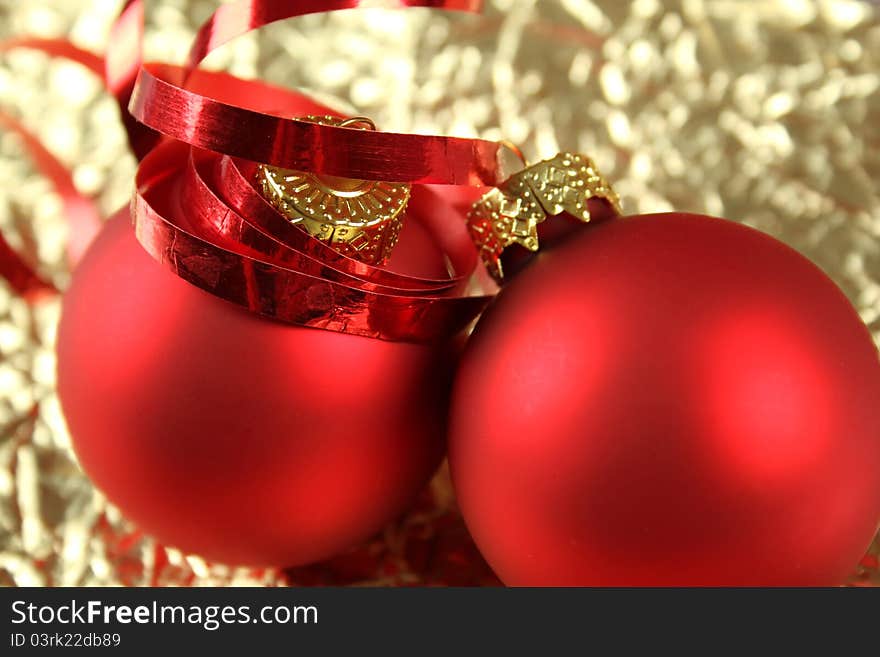 Christmas background with red balloons and decorations. Christmas golden background. Christmas background with red balloons and decorations. Christmas golden background