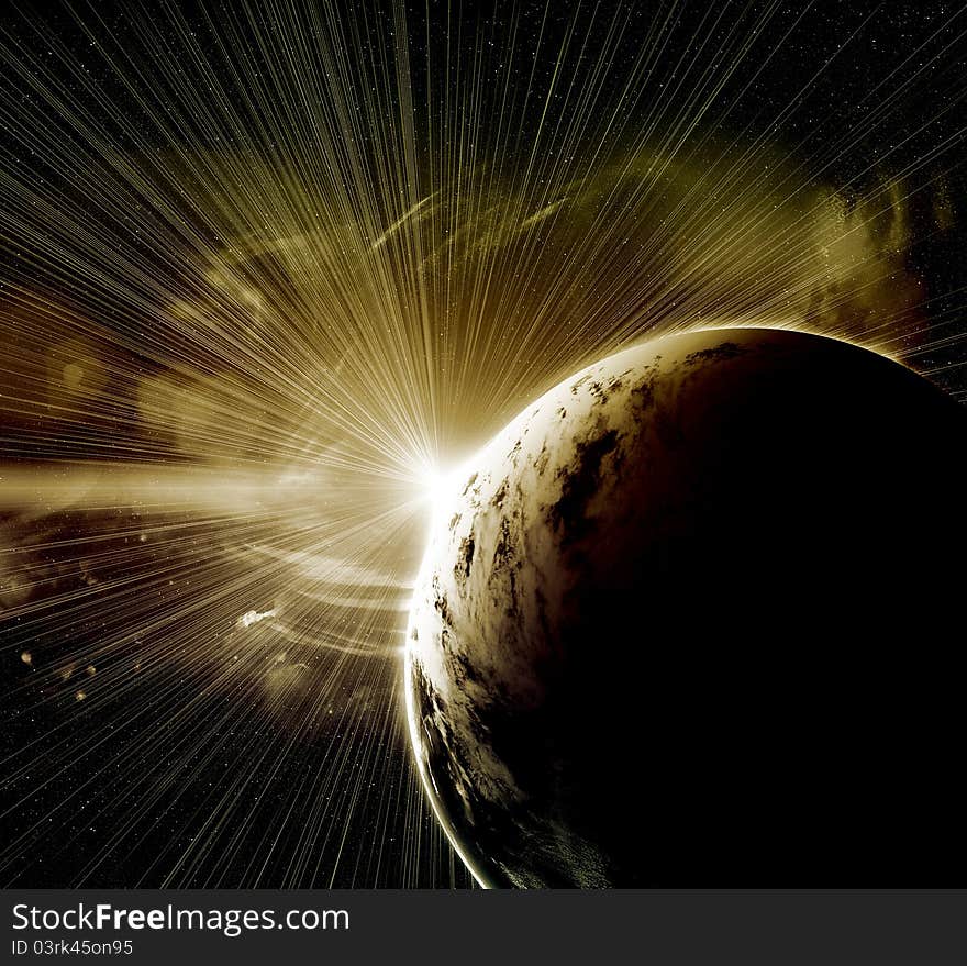 Planet with a flash of sun, abstract background