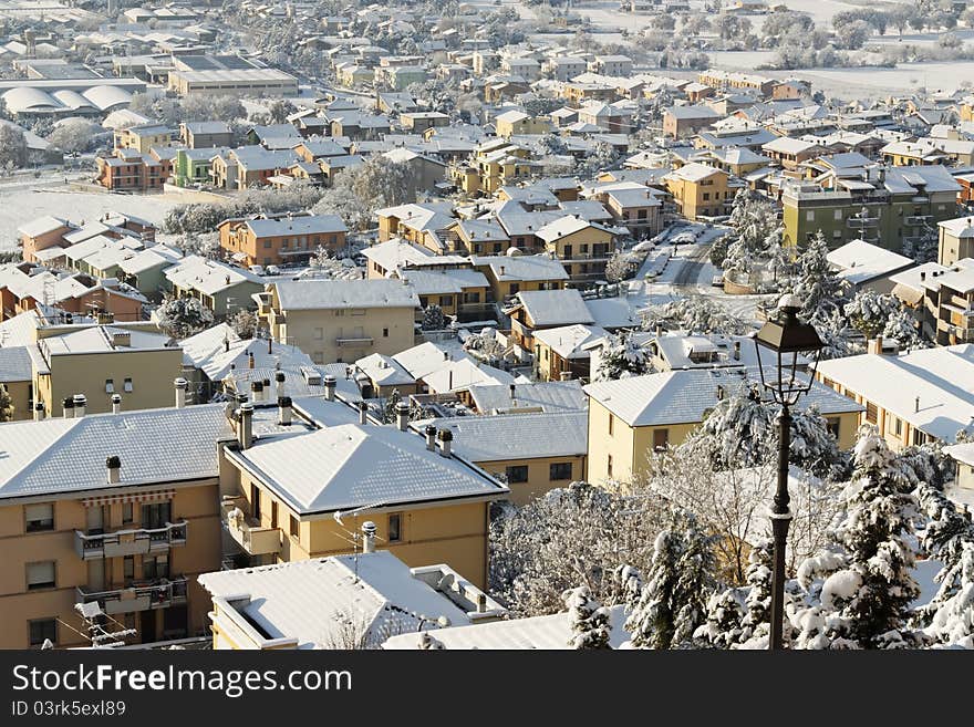 Snow covered town.