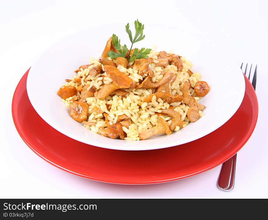 Risotto with mushrooms on a plate decorated with parsley and a fork