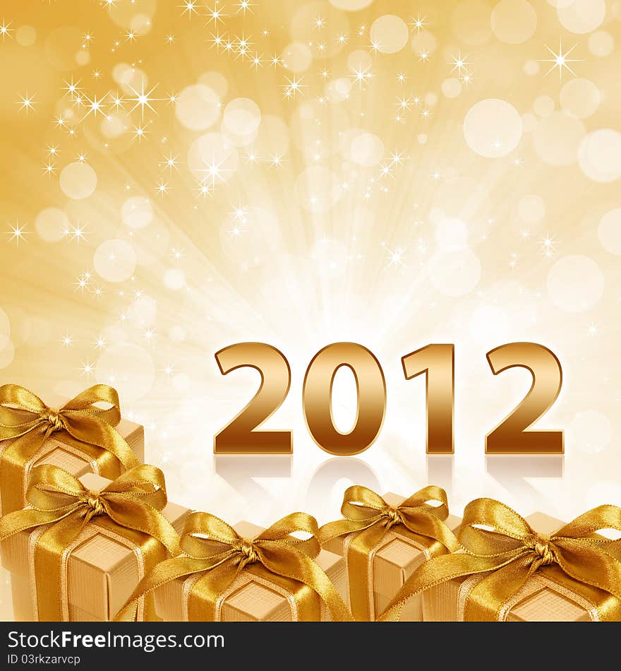 Year 2012 with abstract gold sparkling background and gold gift boxes. Year 2012 with abstract gold sparkling background and gold gift boxes