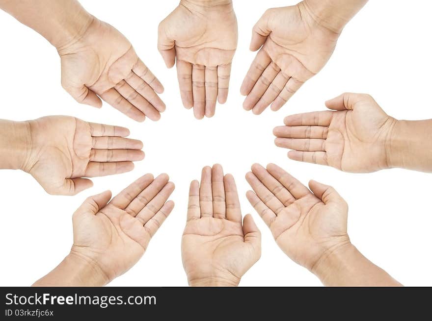 Human group hand as white isolate background