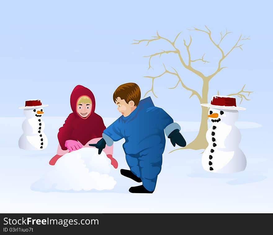 Illustration of boy and girl playing snow