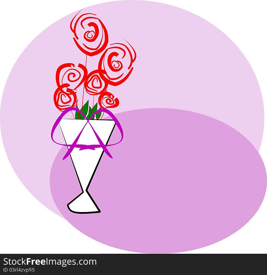 Six red roses in vase with ribbon tied around it. Six red roses in vase with ribbon tied around it