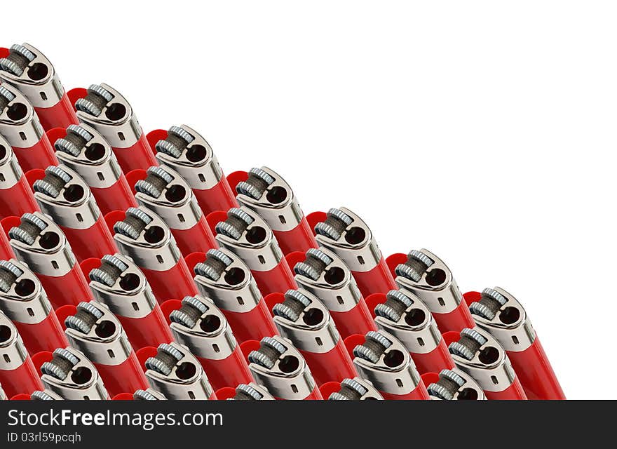 Teamwork concept. Many red plastic cigarette lighters standing in a row on white background. Teamwork concept. Many red plastic cigarette lighters standing in a row on white background