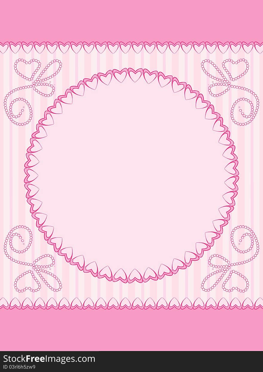 Greeting card with frame of hearts on striped background