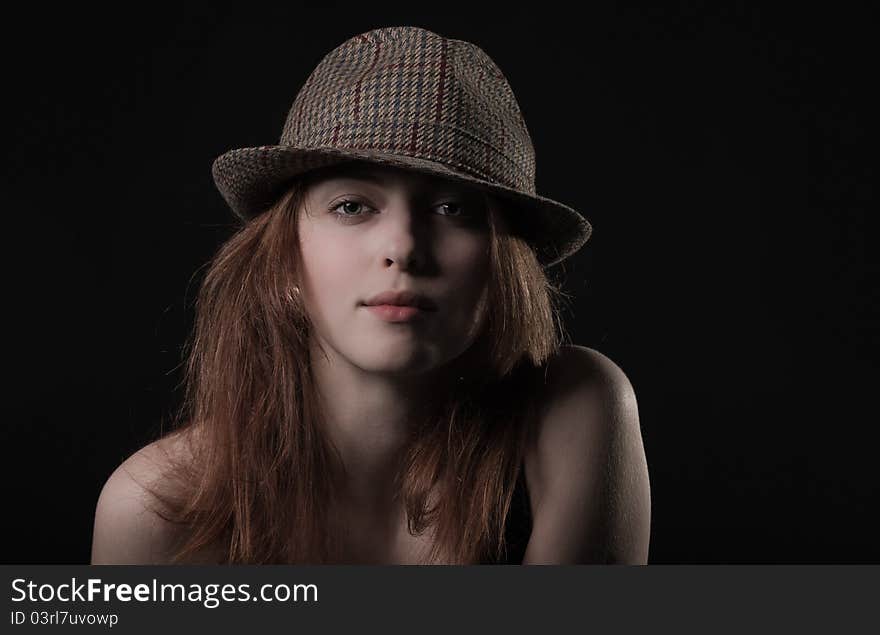 Yung Girl In Hat, Black Background