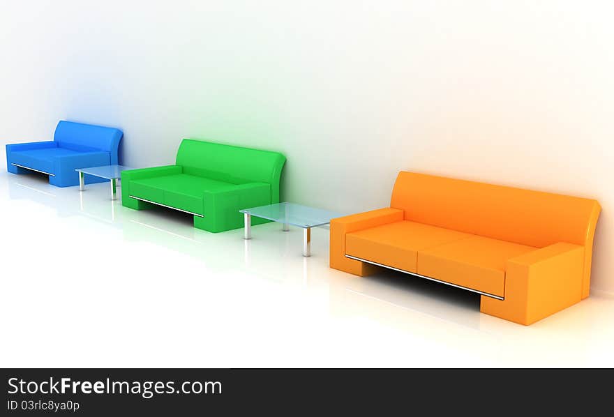 Model of a sofas with a tables in a light room. Model of a sofas with a tables in a light room