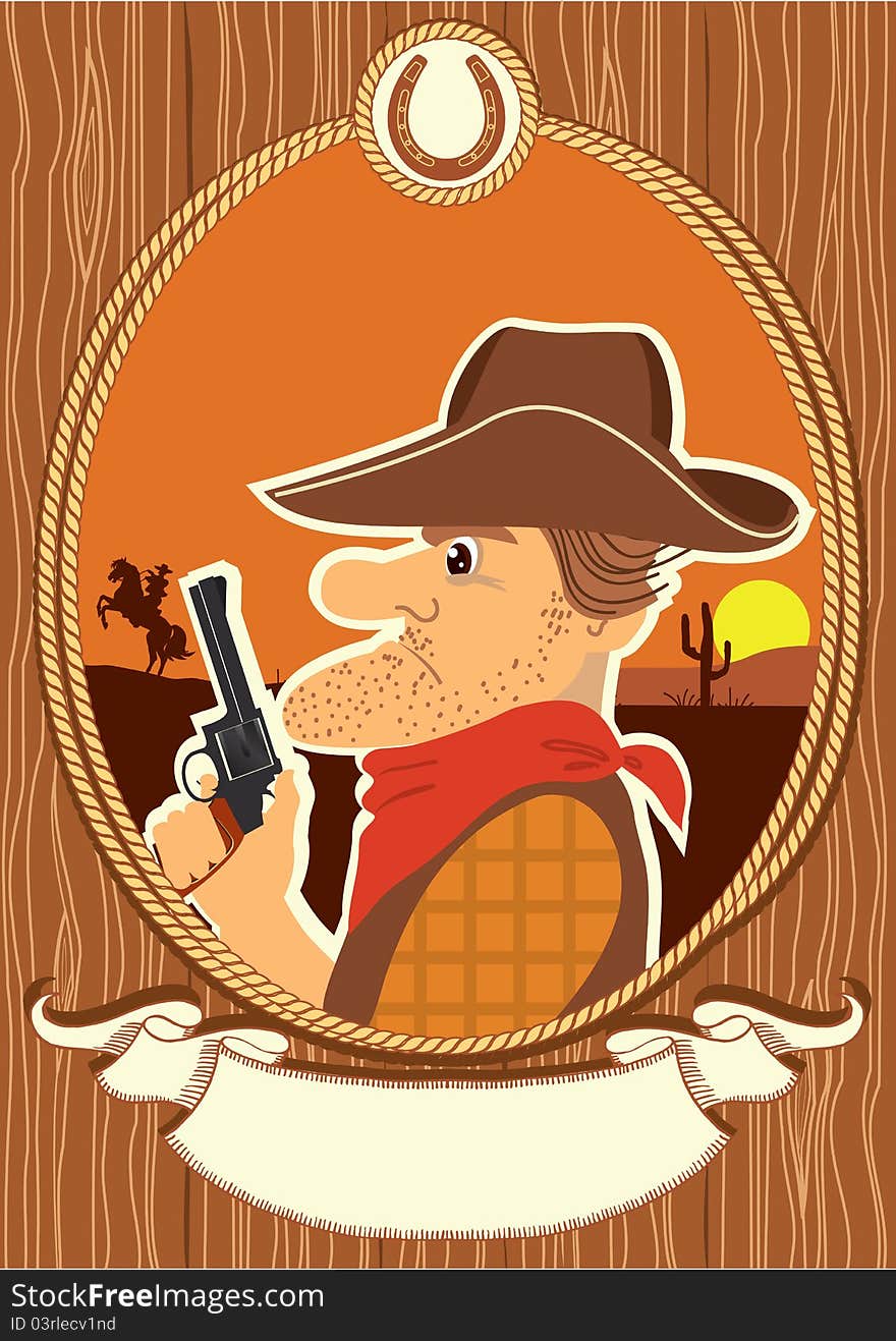Cowboy portrait in decor rope frame.Vector color cartoons with scroll for text on wood texture