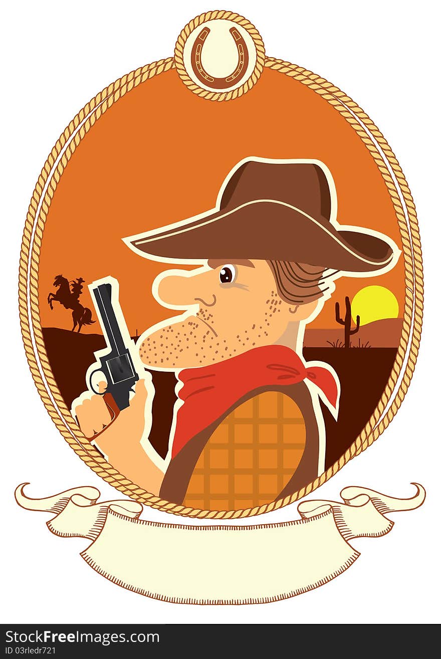 Cowboy portrait in decor rope frame.Vector color cartoons with scroll for text