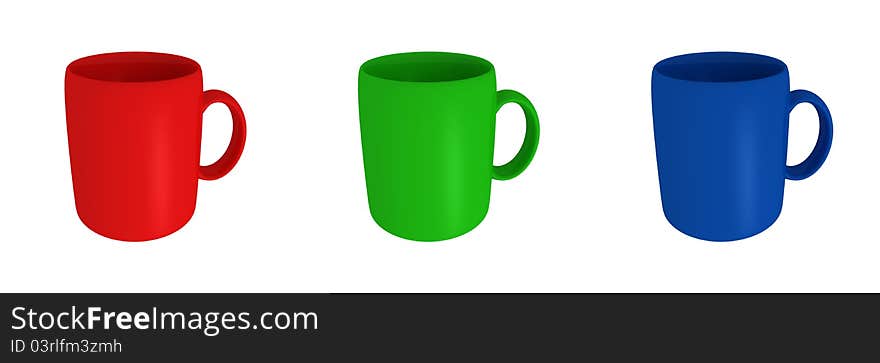 Colorful coffee mugs on a white background 3d