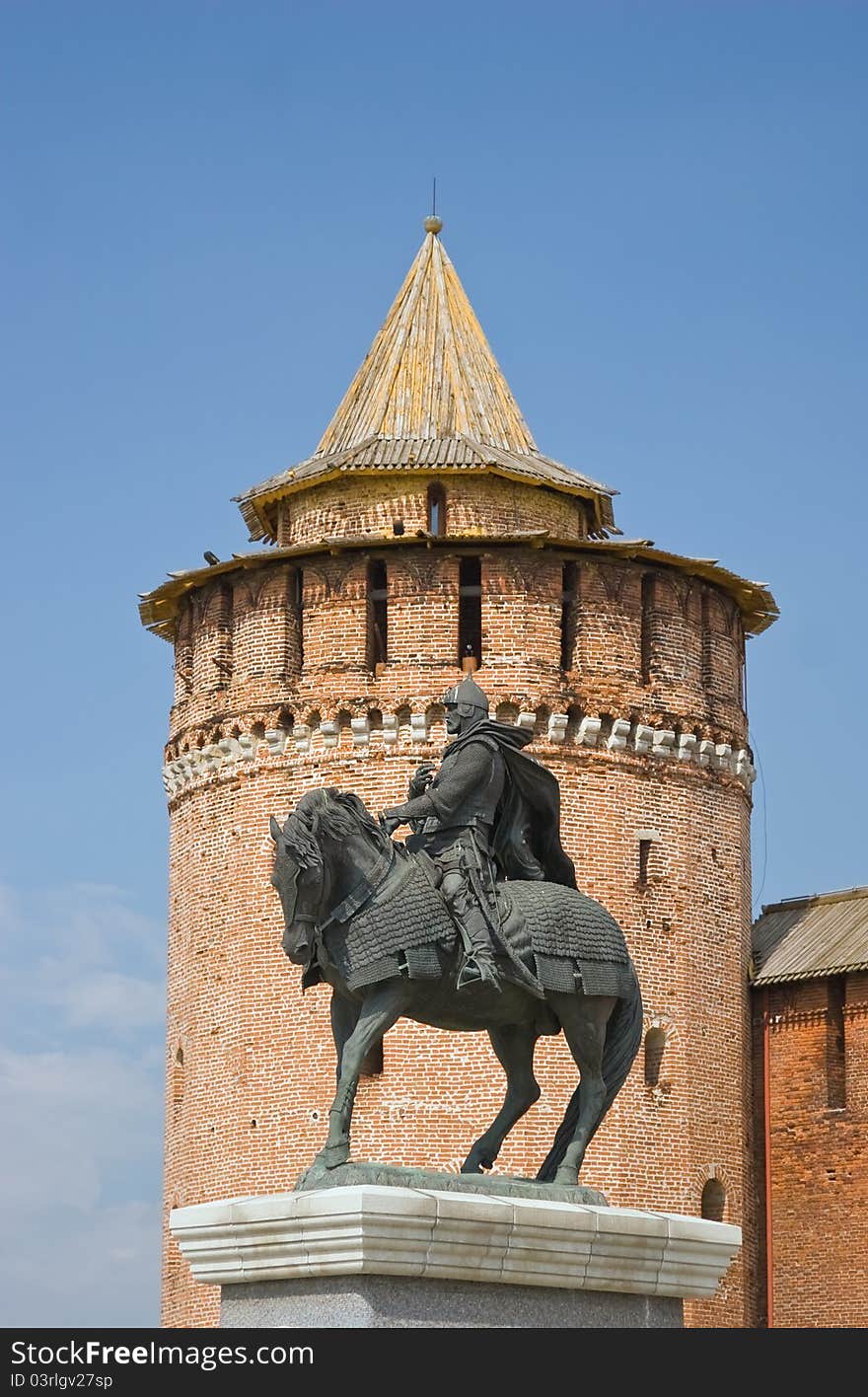 Monument of Prince Dmitry Donskoy in front of Marinkina tower in Kolomna, Moscow region, Central Russia.