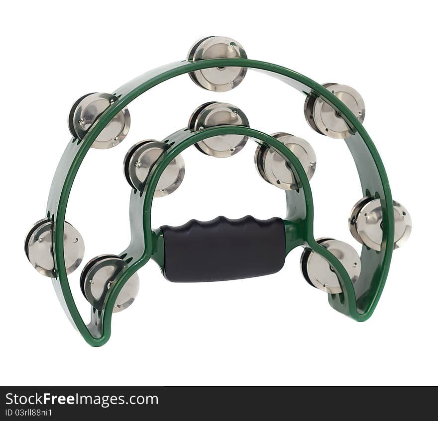 One green tambourine isolated on a white background