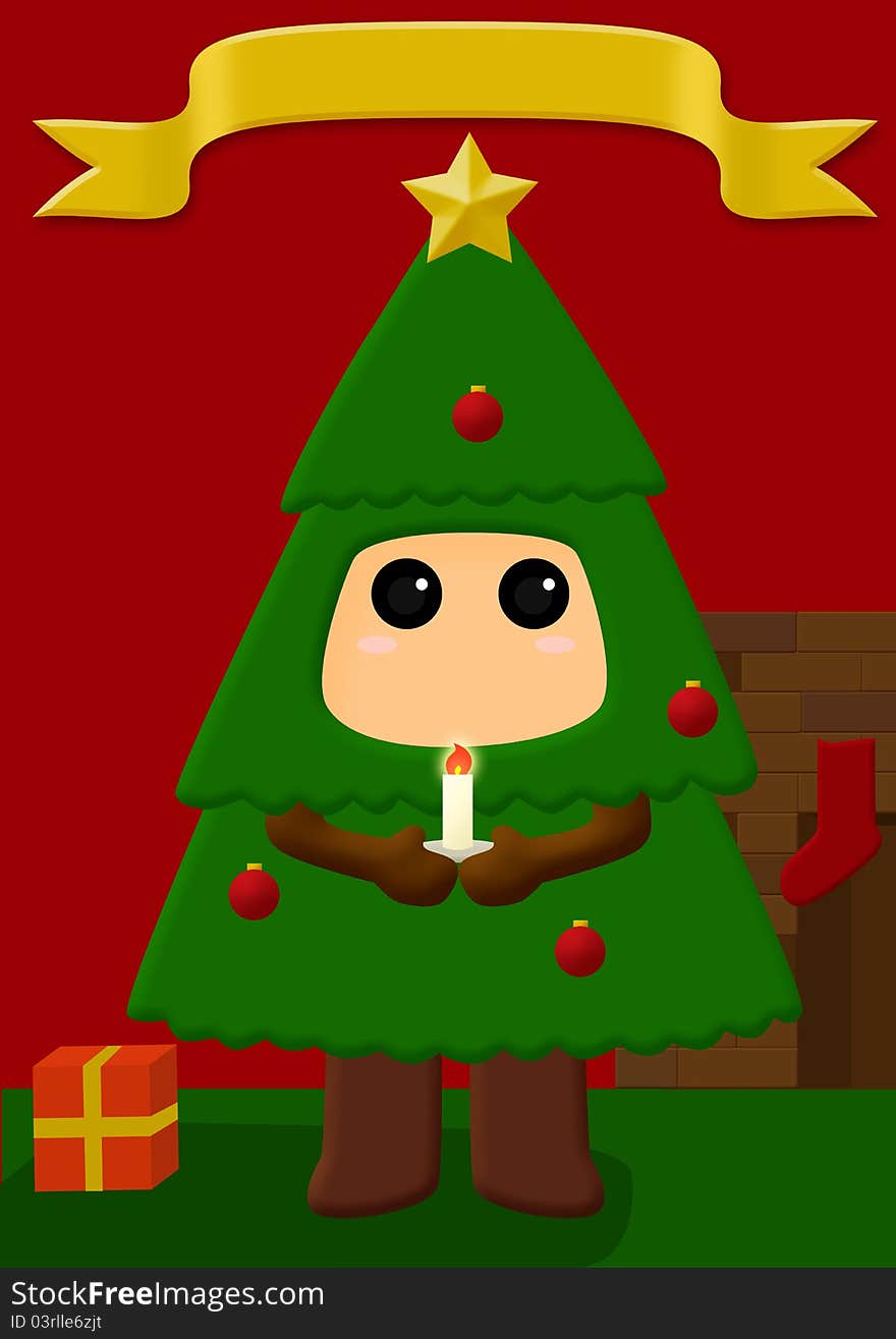 A child with a Christmas tree costume with a candle on Christmas Eve