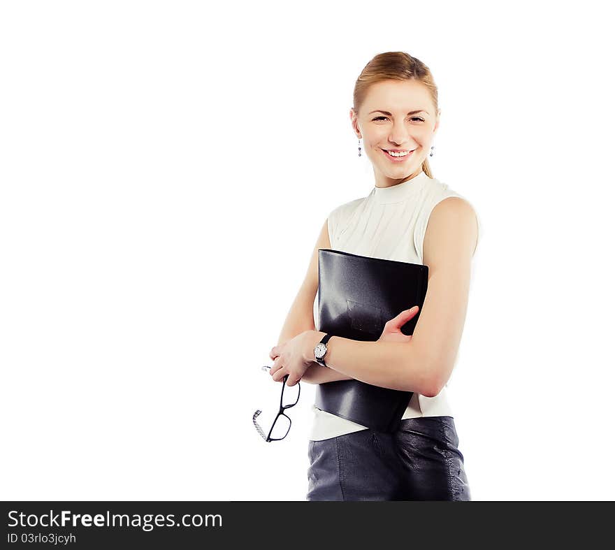 Smiling business woman isolated on white