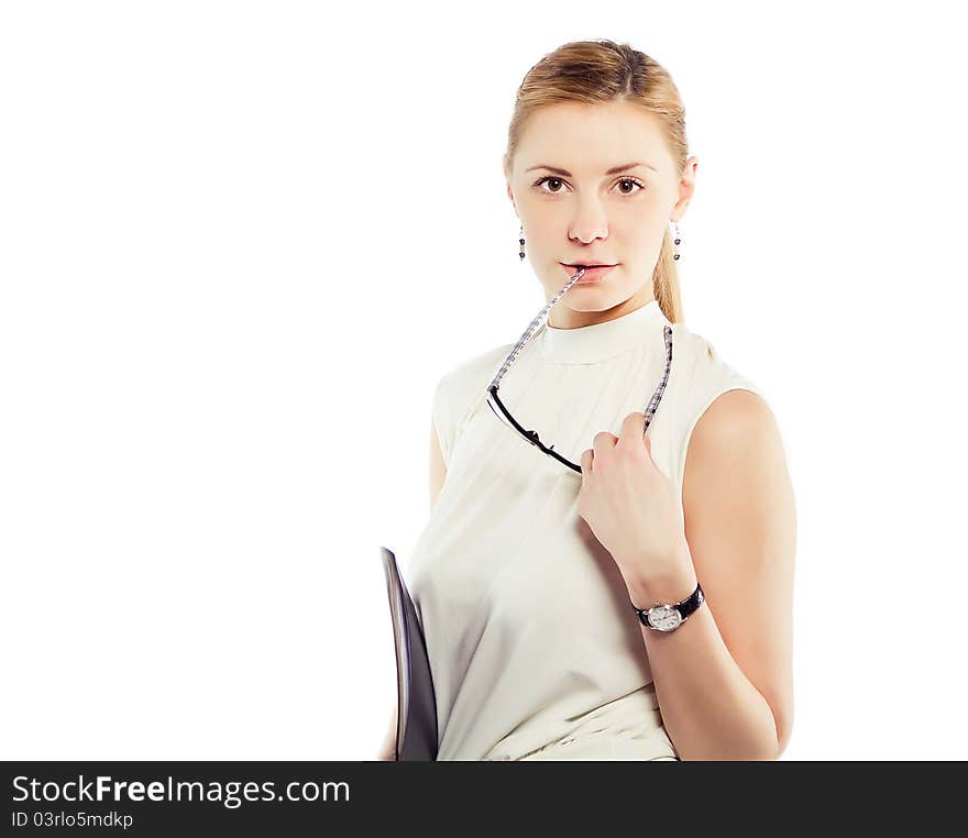 Smiling business woman isolated on white