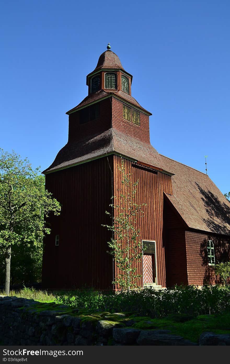 Ancient wooden church in swedish museum Skansen