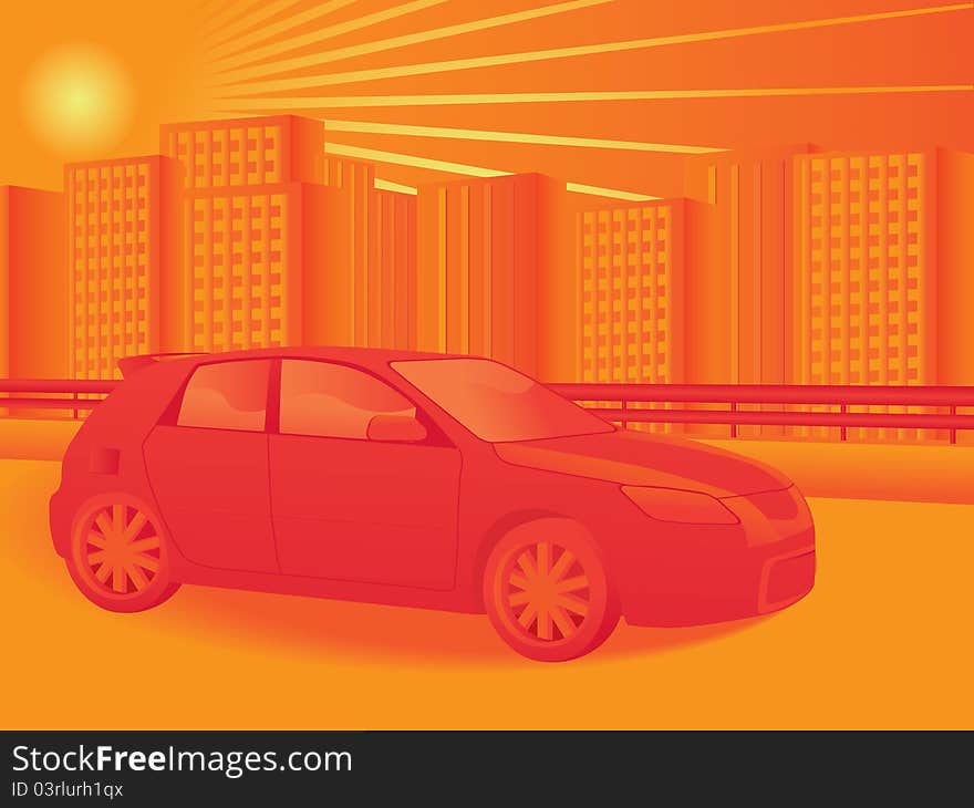 Vector illustration of a car and cityscape